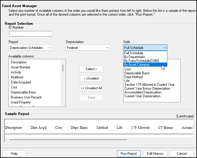 Image of Reports > Fixed Asset Manager window